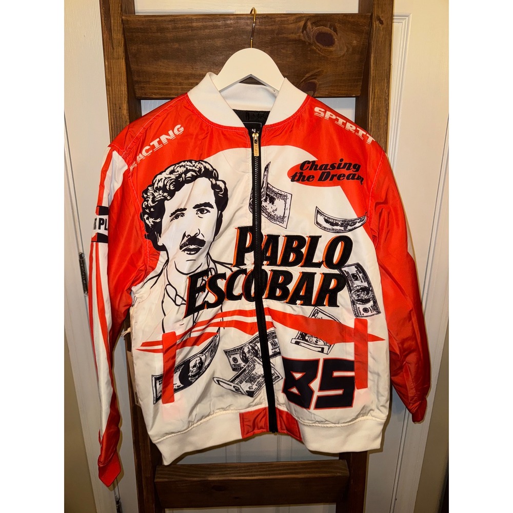 Reason Pablo Escobar El Patron Bomber Jacket Orange White Black Mens Sz M